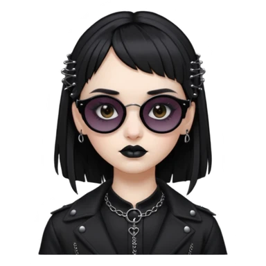 Faça uma moça de cabelo preto micro franja e penteado gótico pálida e com maquiagem gótica pesada olhos castanhos escuro e óculos de sol  sticker