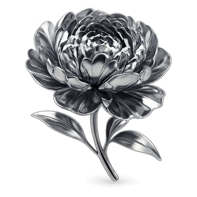 reflective chrome peony with intricate, ruffled petals, highly metallic sticker