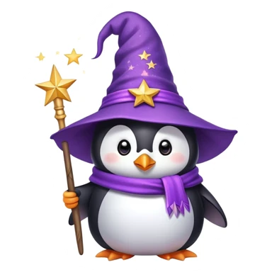 A cute penguin wearing a purple wizard hat and holding a magic wand with a star on the tip sticker