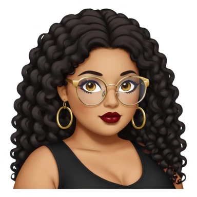 big plus size, latina, darker tan skin, gold hoops, long black curly hair, baddie,pretty, makeup, dark red lipgloss, black eyeliner, long hair, black top, black glasses sticker