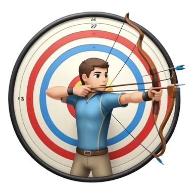 An archer pulling back a bowstring, aiming at a target in the distance. The target features concentric rings, and the scene conveys focus and precision. The background captures the essence of an outdoor archery range, highlighting skill and concentration in the sport. sticker