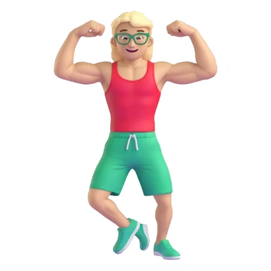 Scrawny thin man with black and white cap, skinny bare torso, red shorts, clear glasses, messy light blond mullet hairstyle, smiling and flexing small muscles sticker