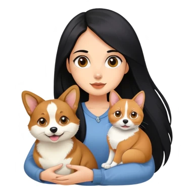 The girl with long black hair holding a corgi and a Abyssinian cat sticker