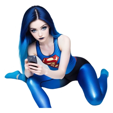 Shameful-head tilted-texting on phone-very very very large upper body-sexy face-bending forward at waist-very long very straight dark blue to light blue ombre hair-and-blue eyes-thick black eyeliner-thick long eyelashes-iridescent blue lowcut tanktop with black leggings with glitter superman logo sticker