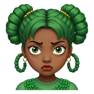 Create a 3D cartoon-style girl character with dark skin, round face, angry expression, big wide eyes, and tightly styled double buns made of green beaded hair. The girl should look irritated, eyebrows sharply angled, and lips pressed in a frown. sticker
