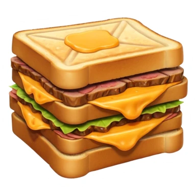 kavurma meat toasted sandwich object icon, grilled toasted bread, sautéed Turkish kavurma beef filling, melted cheese, juicy meat texture, golden brown crust, warm steam rising, 3D cartoon, mobile game icon style, centered, clean background, no text, no watermark sticker