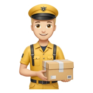 german delivery guy with yellow uniform and package sticker