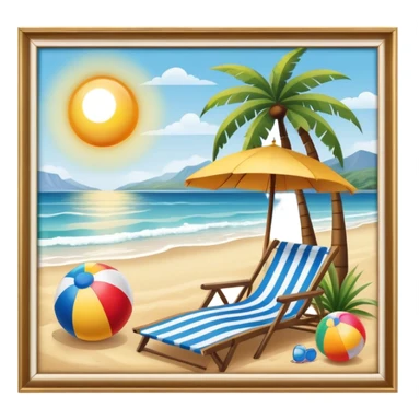 Icon for Beach Tourism: a serene beach scene with palm trees, a sun hat, a beach ball, and the ocean in the background. The icon should capture the relaxing atmosphere of a beach vacation. Transparent background. sticker