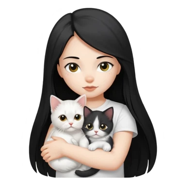 a girl with long dark black straight hair, in a white t-shirt, hugs a persian kitten 3 months old had a half spot black on her face and white one cat. emoji | AI Emoji Generator sticker