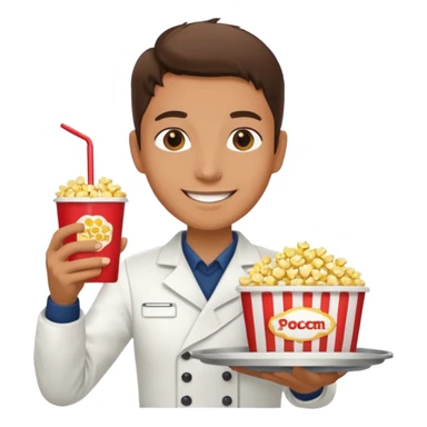 A smiling vendor carrying a tray of popcorn and drinks. sticker