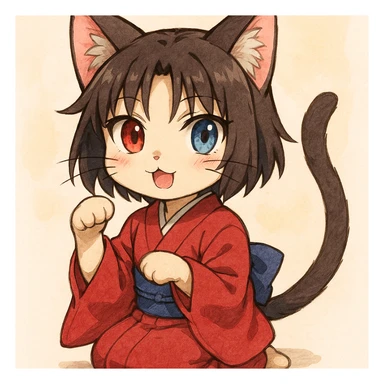 Ryougi Shiki as a cat, inspired by anime character design, with short dark hair, heterochromia, and a kimono, in a cute and expressive pose sticker