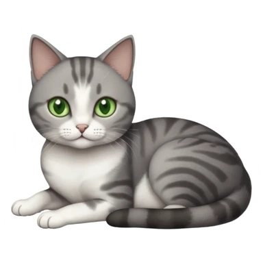 full body tiny short hair dark grey and white cat with white front legs and green  eyes lying down sticker