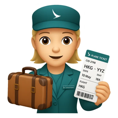 A person holding a suitcase and a plane ticket, requesting for travel duty flight, colorful and vibrant, wearing a Cathay Pacific uniform, in the style of iOS emoji sticker