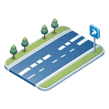 
A 3D minimal icon showing a street route with a clear path, blue road with white markings, in a clean, minimal 3D style and a transparent background. sticker