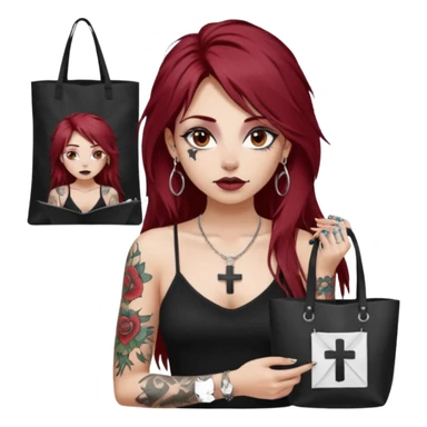 generate an ios genmoji of a fair girl with long dark red messy hair with eyeliner on her eyes.  septum piercing, wearing a cami black top, has tattoos, on shoulders. ear piercings. wearing a cross silver necklace. carrying a tote bag on her shoulders with chart paper peeking out. sticker