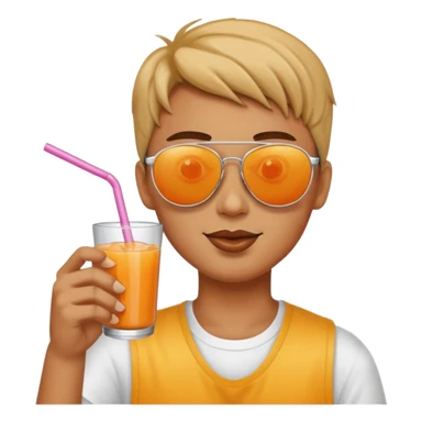 Sun is wearing sunglasses and drinking juice with stra sticker