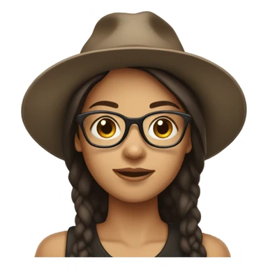 Brunette girl with glasses and a hat sticker