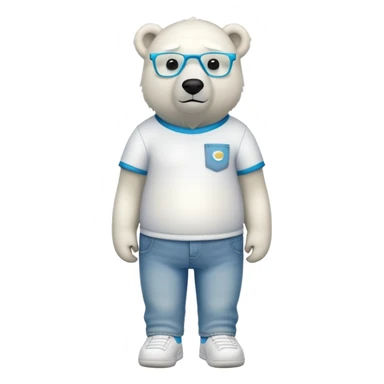 friendly anthropomorphised polar bear standing upright, looking chilled and unbothered, wearing a shirt, jeans, trainers, colorful glasses sticker