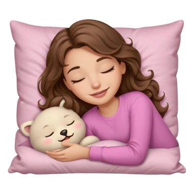 girl with wavy long brown hair, brown eyes, light to medium complexion, long lashes, light pink lipstick, smiling, wearing light pink shirt, sleeping on a cozy pillow sticker