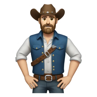 a rugged cowboy with a thick beard, wearing a blue vest over a classic western shirt and a brown belt with a silver buckle. He should have a confident stance, showing full torso sticker