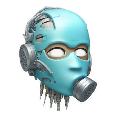 Pastel blue haired cyborg head with silver respirator mask and circuits sticker