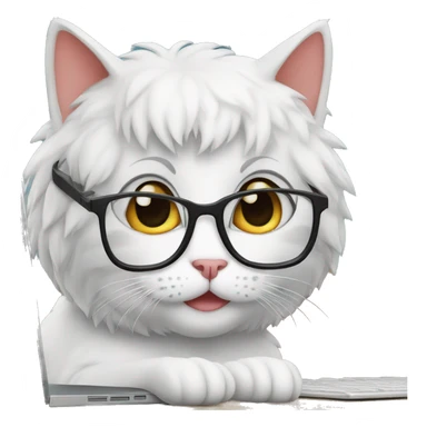 a nerdy cat in front of a computer and glasses sticker