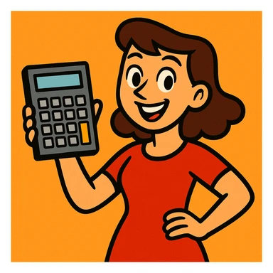 woman in a red dress, calculator in hand, cheerful expression sticker