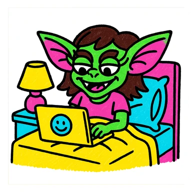 vibrant pop art style gremlin girl with dark brown hair, pretending to work from bed, colorful bedroom, playful mood sticker