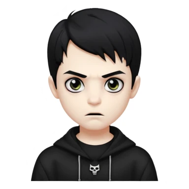 Vampire boy with the black hair, pale-white skin, black eyes, little fangs and dark circles under his eyes. He has serious face and he wear a black oversize sweatshot sticker