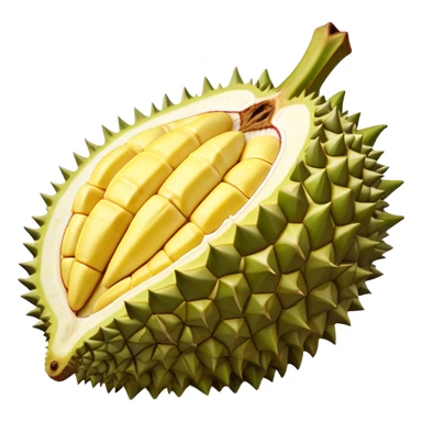 Cinematic Realistic Durian Fruit Dish Emoji, depicted as the notorious spiky fruit with a rich, custardy interior rendered with lifelike detail and bold, distinctive lighting. sticker