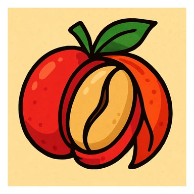 vibrant toon style coffee berry with the outer skin peeled back to show the coffee bean sticker