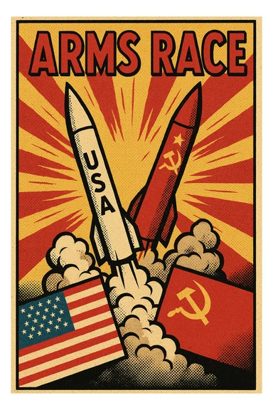 An poster showing the image of an ARMS RACE between the USA and Soviet Union during the Cold War with images of nuclear missiles sticker