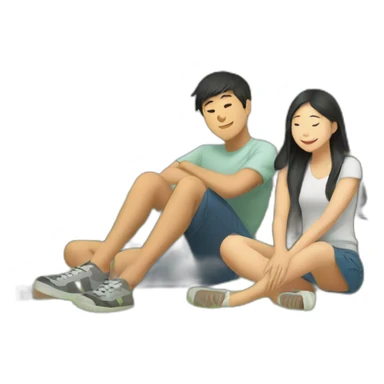 An asian teen man and teen girl relaxing under a tree sticker