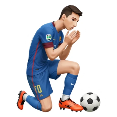 Lionel Messi kneeling and kissing a football boot labeled as Cristiano Ronaldo's sticker
