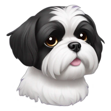 half face black and half white shihtzu dog wearing a bun and a pueple collar sticker