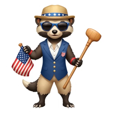 friendly anthropomorphised honey badger in USA Independence Day outfit, wearing sunglasses, holding a club, ready stance sticker
