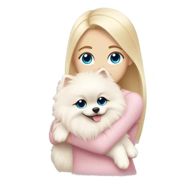 Blond girl white skin blue eyes hugging white Pomeranian with light pink bow sticker