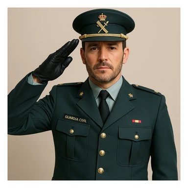 Guardia Civil officer saluting, formal uniform, Spanish law enforcement, respectful pose, simple background sticker