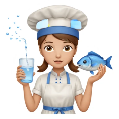 A girl with brown hair with a chef hat wearing an apron and holding a fish and a cup of water in another hand sticker