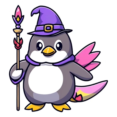penguin wizard with a staff and hat, surrounded by a small dragon, fairy, and unicorn, colorful fantasy landscape sticker