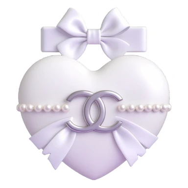 Add a white bow to the heart with pearls and silver Chanel logo, keep it elegant, glossy, black and white, 3D emoji style. sticker