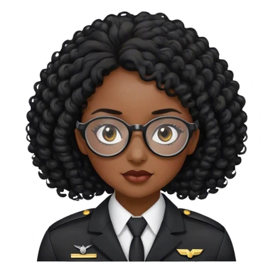 femme pilote d'avion en uniforme noir aux cheveux bouclés noir et petites lunettes arrondis identique avec des cheveux très long et la peau noir mais légèrement plus claire avec les cheveux attachés. 1 seule personne sticker
