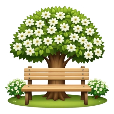 beautiful bench against the background of a tree with blooming white flowers sticker