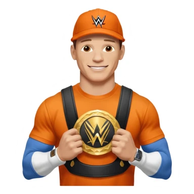 John Cena in orange cap and tshirt with wwe championship sticker