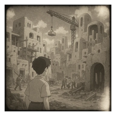 8mm film black and white, no color, light leaks. the image shows post-war reconstruction in the z'rian commonwealth capital region, santa-fe neo-adobe futuristic architechture sticker