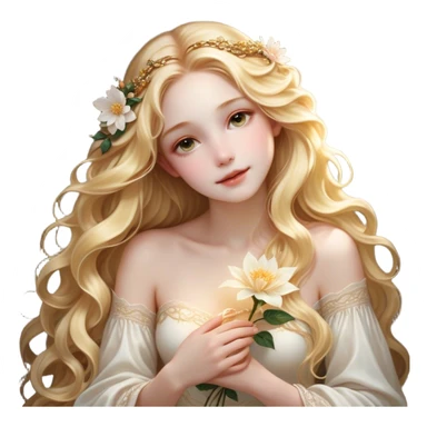 Cinematic Realistic Rapunzel Portrait, with porcelain-like skin featuring a subtle, natural glow, illuminated by soft lighting that brings out the gentle contours of her face. Her long, golden blonde hair cascades in detailed waves, each strand highlighted with a radiant shimmer as it catches the light. She playfully holds a flower in one hand, her other hand resting casually in her lap, with a warm and spirited expression. Her bright, expressive green eyes exude curiosity and warmth, framed by delicate lashes and soft, arched brows. She is dressed in her classic lavender and pink gown, the fabric textured with delicate folds that flow naturally, catching the light with a soft, radiant glow. The portrait captures a luminous, enchanting aura, seamlessly blending realism with a whimsical, fairytale charm, evoking a timeless sense of beauty and magic. sticker