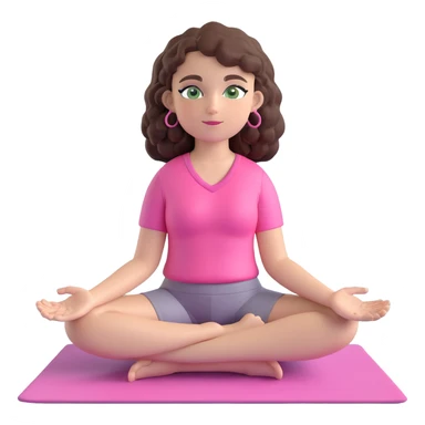yoga girl with dark brown curly hair, green eyes, wearing pink clothes, sitting cross-legged on a yoga mat, emoji style sticker