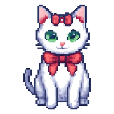 Make the cat white with a pink ribbon on her head, no background, in pixel art style. sticker