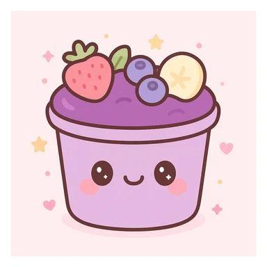 Acai bowl in a purple plastic cup, kawaii style, cute face on cup, purple acai, playful fruit toppings sticker