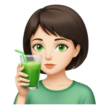brunette girl with short hair and green eyes drinks green drink sticker